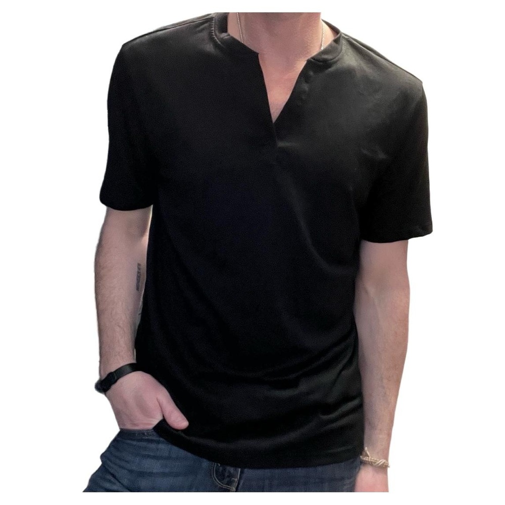 Men Black Short Sleeve Split V-Neck Henley T-Shirt Size Medium